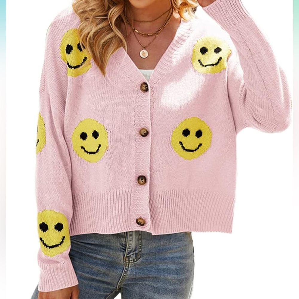 Women's Loose-Fit Smile Face Jacquard Knitted Cardigan Sweater Jacket in Pink, L - Picture 5 of 5